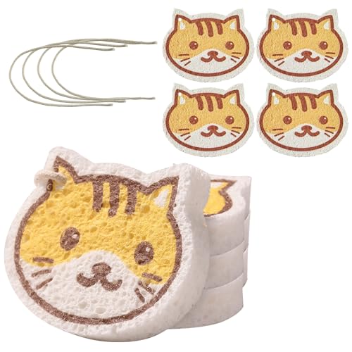 Image of JOYMOOP Cartoon Kitchen Sponge, Cellulose Sponges for Cleaning, 4 Pack Non-Scratch Sponges for Dishes, Reusable Sponge for Household Cleaning - Kitten Pattern