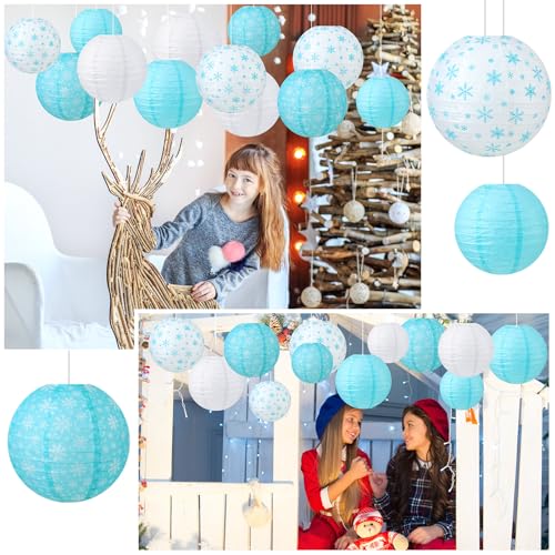 Image of Panelee 12 Pcs Winter Party Decorations Paper Lanterns 8 Inch Blue White Round Hanging Paper Lanterns for Winter Office Classroom Decorations Indoor Outdoor