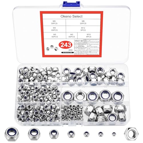 243 Stück Selbstsichernde Muttern Set, Edelstahl Sechskantmuttern, Nylon-Sicherungsmuttern Sortiment, Stopmuttern, Schraubenmuttern für Schrauben & Gewindeeinsätze M3 M4 M5 M6 M8 M10 M12 Muttern Set