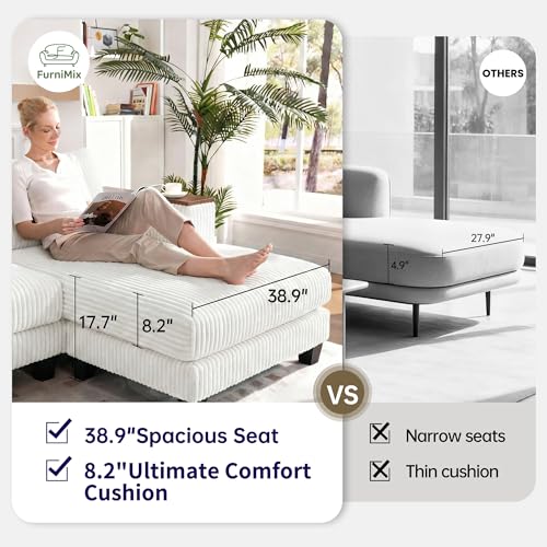 Image of 114 inch Cloud Sectional Couch with L-Shape Reversible Chaise, Modern Corduroy L Shaped Couch with 2 Pillows & Storage Armrests, 4 Seater Sectional Couches for Living Room, Plush Corduroy, White