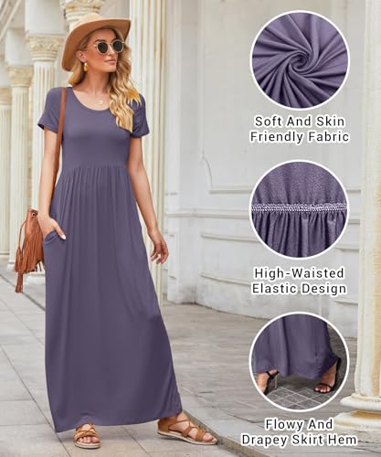 Image of EUOVMY Women's Short Sleeve Loose Plain Maxi Dresses Casual Vacation Long Dresses with Pockets