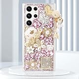 Guppy for Galaxy S23 Ultra Bling Case, 3D Bling Shiny Rhinestone Diamond Crystal Pearl Handmade Pendant Iron Tower Pumpkin Car Flowers Soft Protective Anti-Fall Case for Galaxy S23 Ultra(Pink)