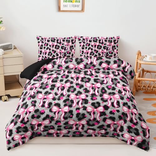 Image of AILONEN Coquette Leopard Comforter Queen 3 Piece Hot Pink Bow Bedding Set Soft Microfiber Quilted Duvet Alternative Master Bedroom Decor Stylish Grey Blanket 2 Cases