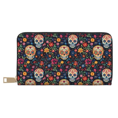 Floral Skull Print Wallet Women Men, Long PU Leather Wallets for Women, Cute Womens Travel Wallet Purse Pouch with Zipper Pocket