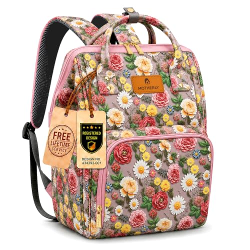 Image of Motherly Patented Diaper Bag Backpack for Moms | Waterproof Baby Travel & Maternity Bag | Spacious Nappy Bag with Insulated Bottle Pockets & Warranty (Floral Series)