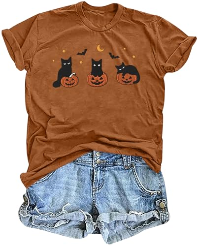 Halloween Shirts for Women: Embroidered Ghost Cat T-Shirt Spooky Season Tees Short Sleeve Casual Fall Tops