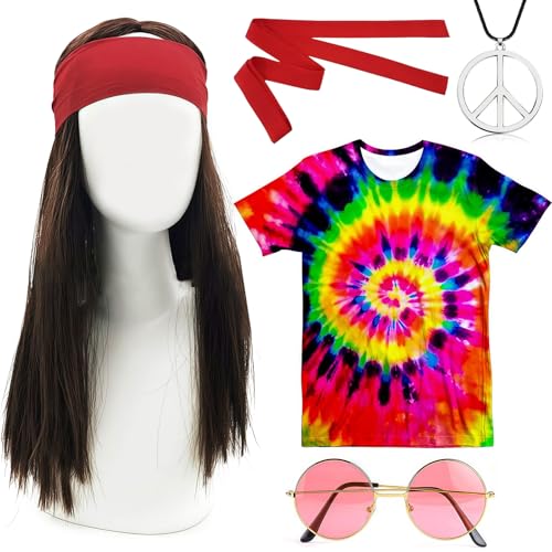 5 Stücke Hippie Kostüm Herren 70er, 70er Jahre Outfit Herren mit Hippie T-Shirt Perücke Brille Peace Halskette Stirnband...