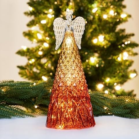 Diahom Angel Decor 12 Inches Red Light Up Timer Glass Xmas Tabletop Centerpiece Mantel Window Indoor Christmas Decorations Cover