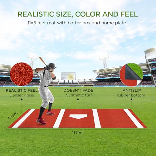 Batting Mat Baseball Hitting Mat Baseball Batting Cage Mat 11' x 5' Regulation Size Turf Batters Box Mat with Home Plate and Anti Fade Turf
