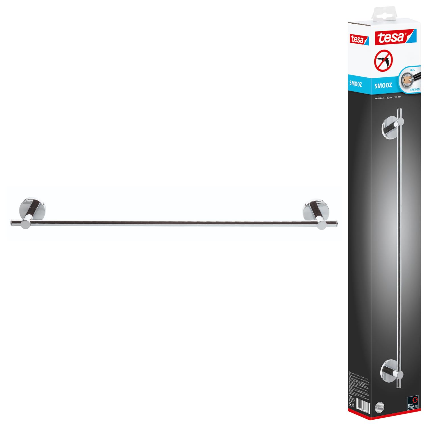 tesa SMOOZ Handtuchstange, verchromt - Badetuchhalter - zur Wandbefestigung ohne Bohren, inkl. Klebelösung - 640mm x 50mm x 85mm