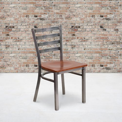 Image of Flash Furniture 2 Pk. HERCULES Series Clear Coated Ladder Back Metal Restaurant Chair - Cherry Wood Seat
