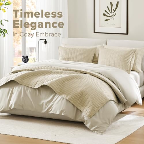 Comfort Spaces Kienna Quilt Set- Double Sided Stitching Design Summer Blanket, Lightweight, Soft, All Season Bedding Layer, Matching Sham, Ivory, Coverlet King (104"x90") 3 Piece