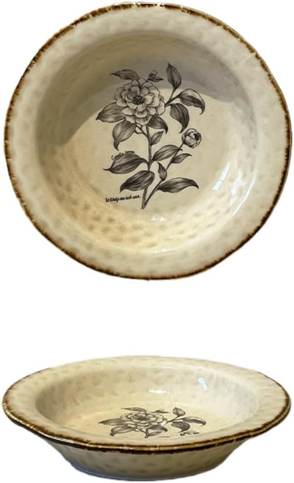 Straw Hat Plate Floral Deep Pasta Western Dinner Vegetable Salad Dessert Ceramic Household Snack Breakfast Bowl Bird'S Nest Fruit Ice Cream Soup (Camellia,8.5 inches)
