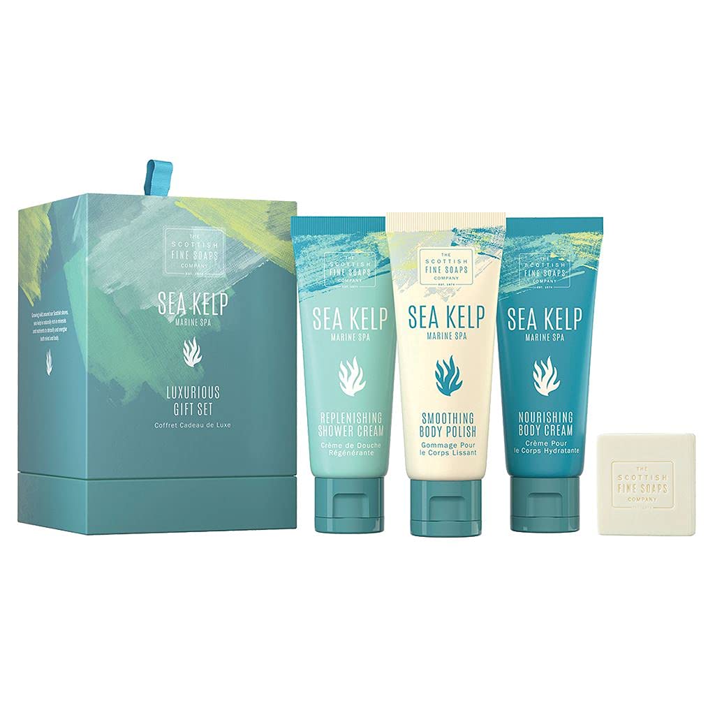 Scottish Fine SoapsMarine Spa Sea Kelp Luxurious Gift Set - Replenishing Shower Cream, Smoothing Body Polish, Nourishing Body Cream, Cleansing Bar - Vegan Friendly