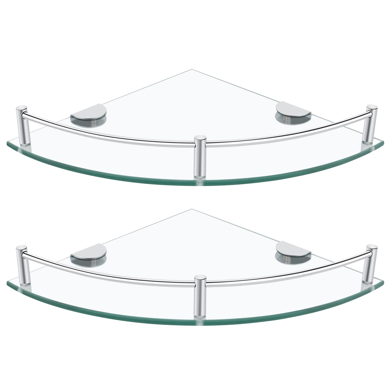 GerayMer Glass Bathroom Shelves - Set of 2 Corner Shelves, Shower and Wall Mount, Floating Glass Shelves for Bathroom, Kitchen, Living Room (Silver)