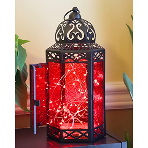 Vela Lanterns Metal Moroccan Decorative 50 Led Fairy Lights Candle Lantern Holder For Ramadan, Red Glass, Large #TOP1
