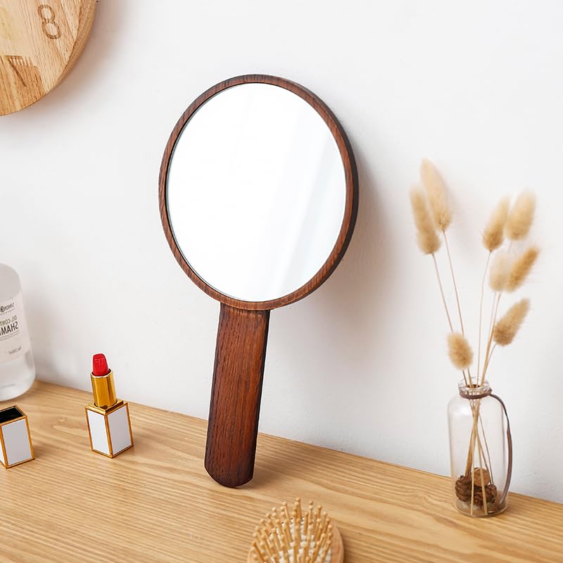 NOVWIMIROR Natural Bamboo Round Hand Mirror Black Walnut 11.4in Handheld