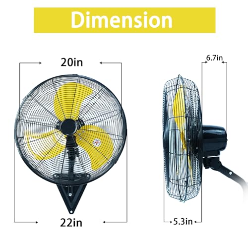 Image of AZOUTDOOR 20 inch Wall Mount Fan, 7000 CFM High Velocity Industrial Wall Fan with 3-Speed Setting, 120 Oscillating Mounted Fans for Warehouse, Workshop, Garage, Patios, Commercial Use ETL Listed, Yellow