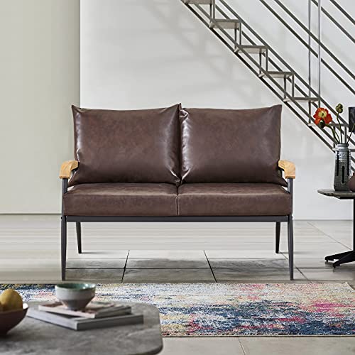LEMROE Canapés de salon 2 places imitation cuir canapé petit lit avec 2 coussins pour salon et salle à manger chambre à coucher meuble moderne (marron foncé, 2 places)