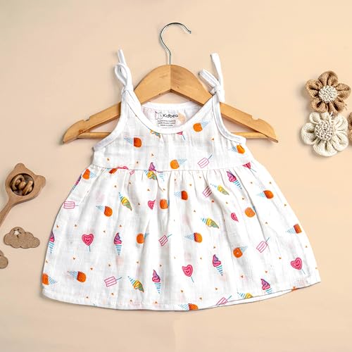 Image of Kidbea Organic Cotton Baby Girl Dresses | Muslin Frock for Girls | Soft Breathable Cute Printed Summer Wear Clothes with Tie-Up Shoulders