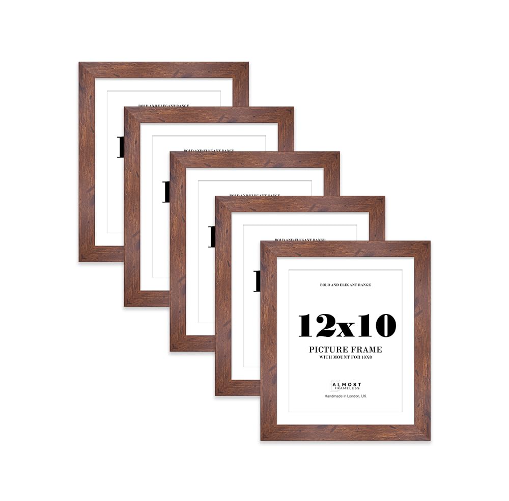 12x10 Rustic Wood Frame With Mount for 10x8 Pictures 28mm Edge Portrait and Landscape Display with Wall Hooks and Kickstand, 5 Pack