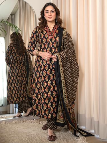 Image of Arayna Women's Cotton Printed Kurta Set with Pants & Dupatta - 3 /4 Sleeve | Elegant Ethnic Wear