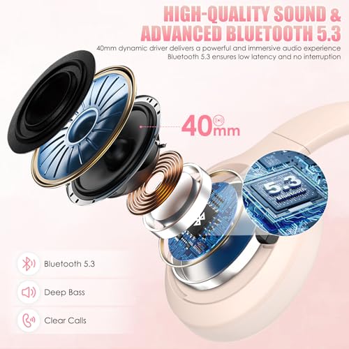Image of Active Noise Cancelling Headphones, Over-Ear Headphones Pink | Wireless Blutooth Headphones with100H Playtime, Built-in Microphone, Lightweight & Foldable, Deep Bass for Work /Gym /Travel