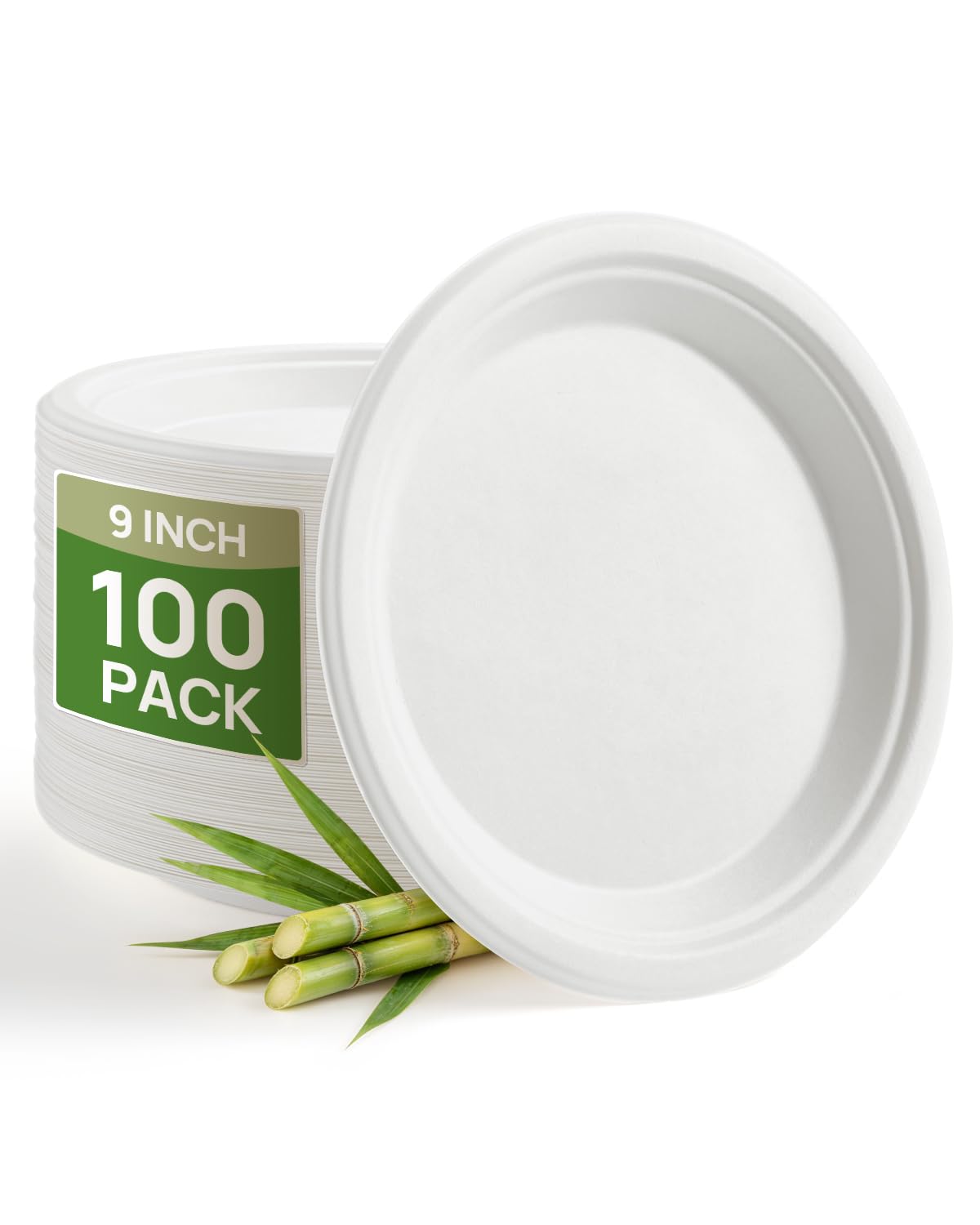 Goodluck 9 Inch Paper Plates,100 Pack Disposable Sugarcane Plates,100% Compostable Biodegradable,Heavy Duty Eco-Friendly,Perfect for Everyday Use, BBQ, Wedding, Office, Picnics and Parties