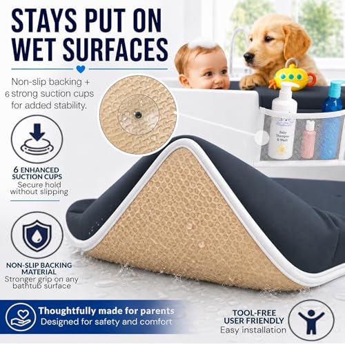 Image of Comfortable Baby Bath Kneeler and Elbow Rest Pad Set, Non-Slip Bathtub Kneeling Pad for Bathing Baby, Bath Tub Cushion Mat, Elbow Pads, Toy Organizer Storage Pockets, Strong Suction Cups (Dark Gray)