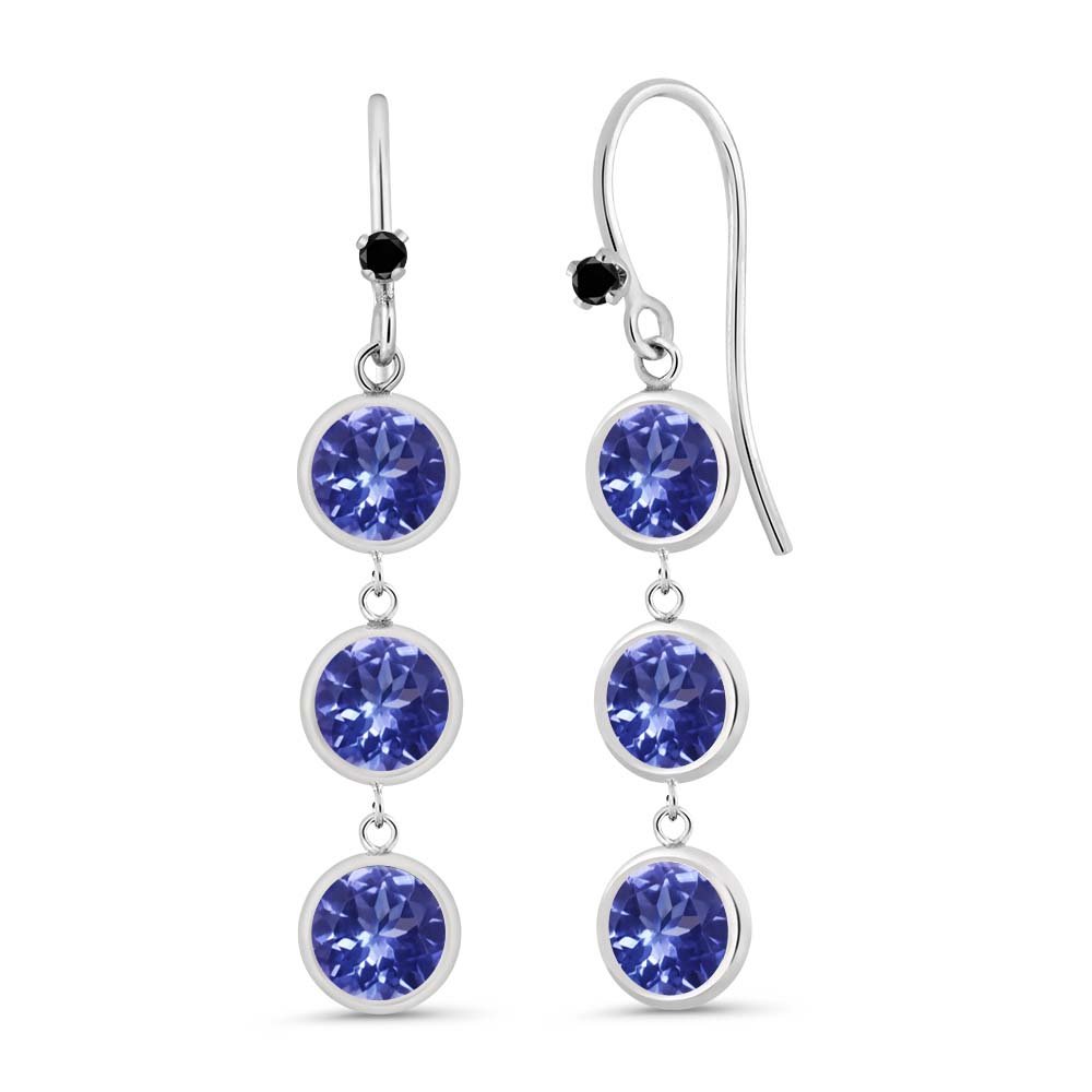Gem Stone King 925 Sterling Silver Round Blue Tanzanite and Black Diamond 3 Stone Earrings For Women (2.79 Cttw, Gemstone December Birthstone, 1 Inch)