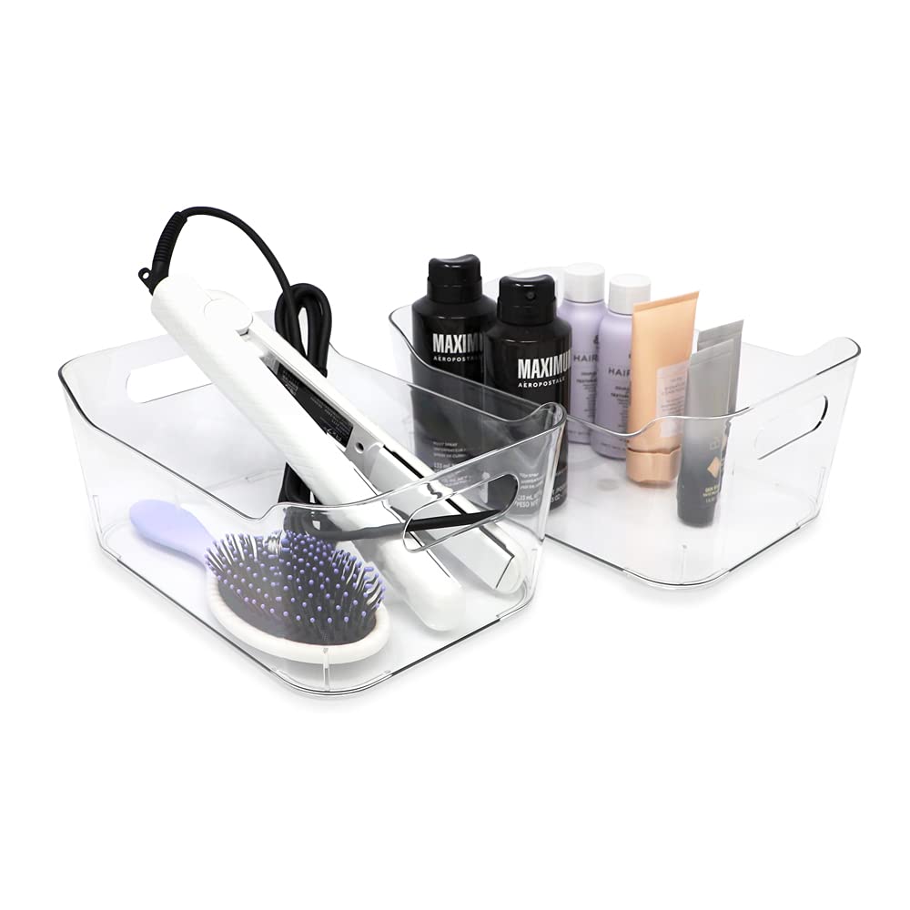 Paquete de 2 cubos pequeños transparentes de almacenamiento (9.4 x 6.7 x 4.1 pulgadas) con asas, juego de cajas de plástico, hogar, oficina, refrigerador, congelador, cocina, contenedor 3