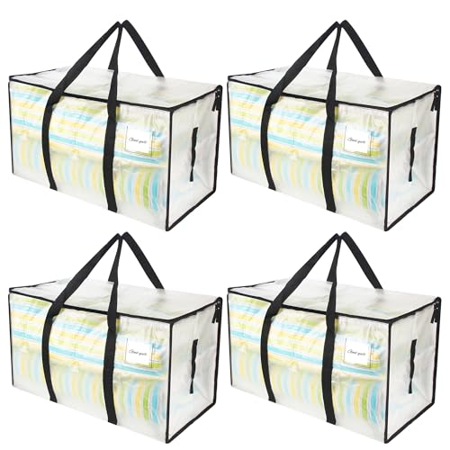 4 Stück 90L Aufbewahrungstasche, Clear Clothes Storage Bags Ufbewahrungstasche, umzugstaschen Groß, Wasserdichte, Gewebte mit Großem Fassungsvermögen, Geeignet zum Transportieren und Ordnen von Kleidu