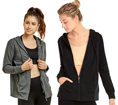Sofra Teejoy Women's Thin Cotton Zip Up Hoodie Jacket (Large, Black/CharcoalGrey)