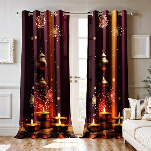 Image of Ultimate Trends Festival Themed Light Filtering Polyester Curtain Diya, Lantern, Lotus & Fireworks Print | Ideal for Diwali, Pooja Room, Living Room Dcor | Eyelets|, 7 FEET (Pack of 2)
