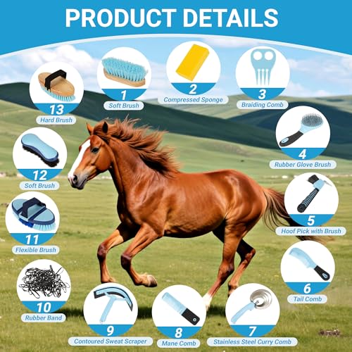 Horse Grooming Kit, 14-in-1 Professional Horse Brush Supplies Set for Grooming & Care, with Horse Brushes, Curry Comb, Hoof Pick & Waterproof Storage Tote Bag for Shining, Detangling, Massaging(Blue) - Image 3