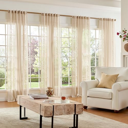 jinchan Winslow Sheer Curtains 63 Inch Length for Dorm Bedroom Bordered Floral Pattern Decorations Short Curtains Light Filtering Window Treatments, 50W x 63L, Ivory on Beige, 2 Panels by jinchan - Image 8