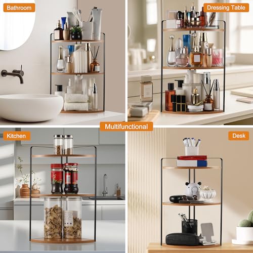 Image of 3 Tier Corner Bathroom Counter Organizer, Countertop Organizer, Makeup Organizer Countertop, Bathroom Storage Sink Shelf, Wooden and Metal Counter Shelf (Light Brown)