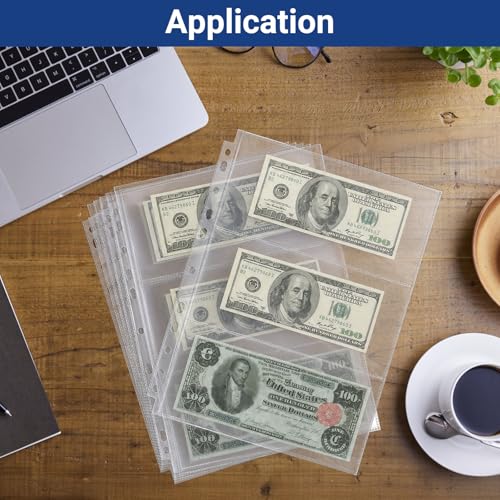 Image of 360 Pockets Acid Free Currency Sleeves, 60 Pack Dollar Bill Sleeves for Collecting Cash, Banknotes or Coupons, Fit for 3 Ring Binder Currency Album, Non Stick and Non Glare