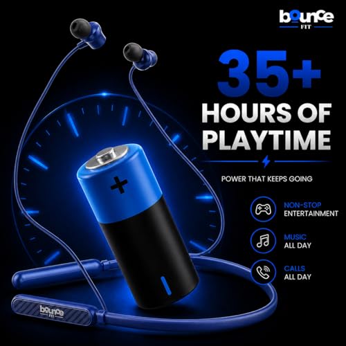 Image of Bouncefit Sonic 144 Bluetooth Wireless Neckband, 35H Continuous Playback Battery, Deep Bass, Stereo Sound, HD Calls, Type C Fast Charging, Rich Audio, Bluetooth Neckband with Mic Earphones (Blue)