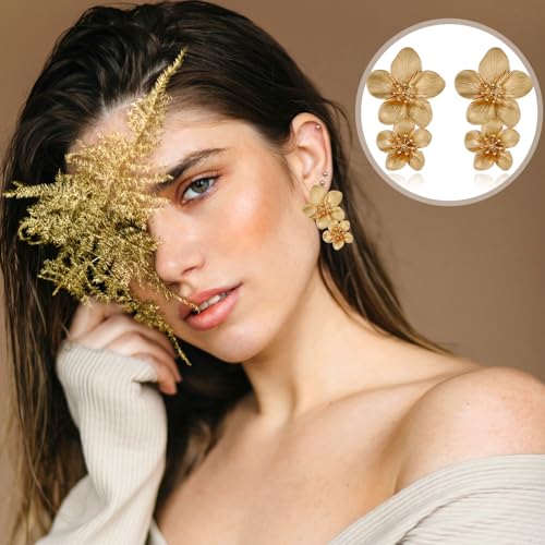 Gold Flower Earrings Double Flower Statement Earring for Women, Large Gold Floral Earrings for Women Boho Jewelry Gift4
