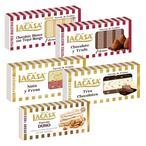 Surtido Turrones Lacasa: 5 tabletas de turrón variadas: Chocolate y avellana, Crema catalana, Chocolate blanco con tequi mango, Chocolate y arándanos