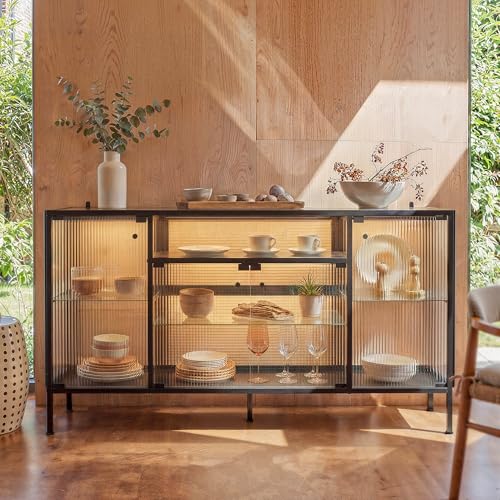 DEZAGCE Vitrine en Verre, Buffet avec éclairage LED, vitrine avec Verre trempé et Cadre en Fer, Buffet, Armoire de Salon avec étagères, 150 x 40 x 80 cm