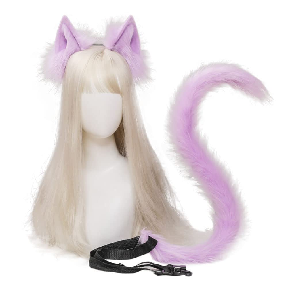 Handmade Cat Ears Headband and Tail Set, Flexible Animal Fox Ears Hair Hoop Tail Cosplay Party Costume Fancy Dress Accessories (Purple)