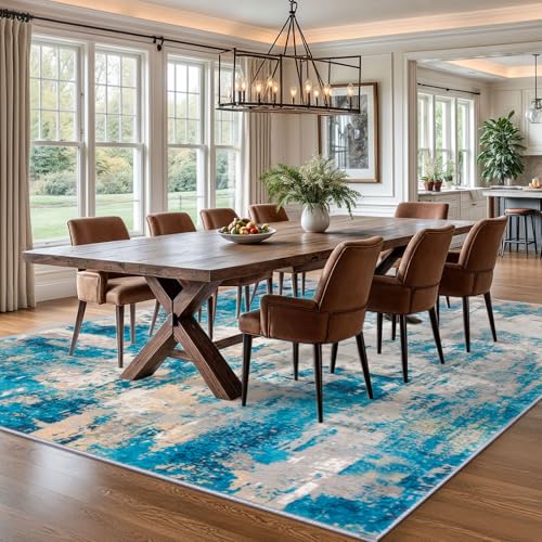KOZYFLY Modern Abstract Area Rugs 8x10 Turquoise/Beige/Grey/Yellow Machine Washable Thin Rug for Bedroom Non-Slip Living Room Rug, Faux Wool Soft Low Pile Carpet for Dining Room, Bedroom, Bathroom