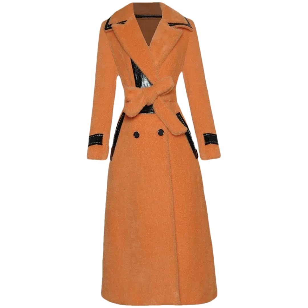 Women Long Trench Coat Turn-Down Collar Patchwork Overcoat Double Breasted With Belt Outwear