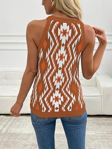 Image of MARZXIN Women Sleeveless Sweater Tank Round Neck Casual Aztec Geometric Knit Sweater Top