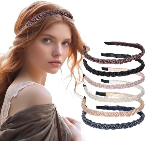 Vukehon 6 Pieces Beaded Headband For Women, Fashion Thin Cute Crystal Hairbands, Short Hair Accessories For Girls(Elegant)