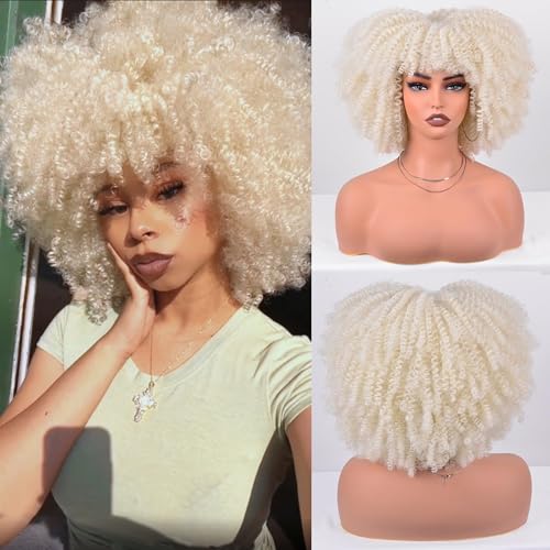 Vitorish Curly Afro Wig for Black Women 12 Inches Machine Made Curly Wig 280g/Piece Natural Glueless Heat Resistant Synthetic African Wig (Platinum Blonde)