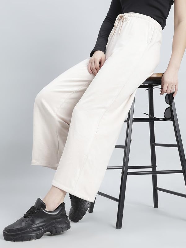 Image of GO COLORS Polycotton Fleece Wide Pants for Women | Relaxed Fit, High Rise