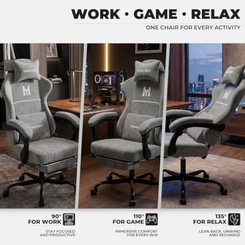 Image of Gaming Chair with Footrest, Ergonomic Computer Chair with Lumbar & Headrest Support for Adults, High Back Office Desk Chair with 360Swivel Wheels for Game and Work, Breathable Fabric,Grey